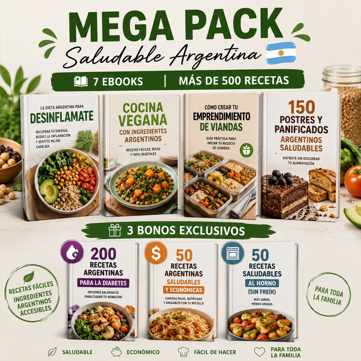 Mega Pack Saludable Argentina 🇦🇷 | 7 Ebooks de Recetas, Alimentación y Emprendimiento